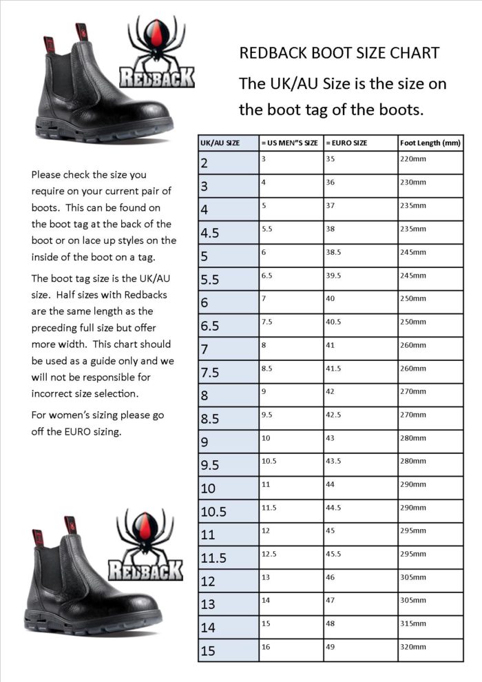 Redback Boots Size Chart