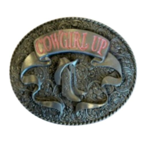 Belt Buckle Cowgirl Up with Boots Oval