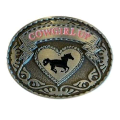 Belt Buckle Cowgirl Up with Horse Oval