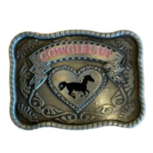 Belt Buckle Cowgirl Up with Horse Rectangle