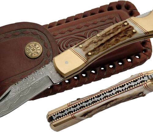 A91 Damascus Folder Stag Handle Knife